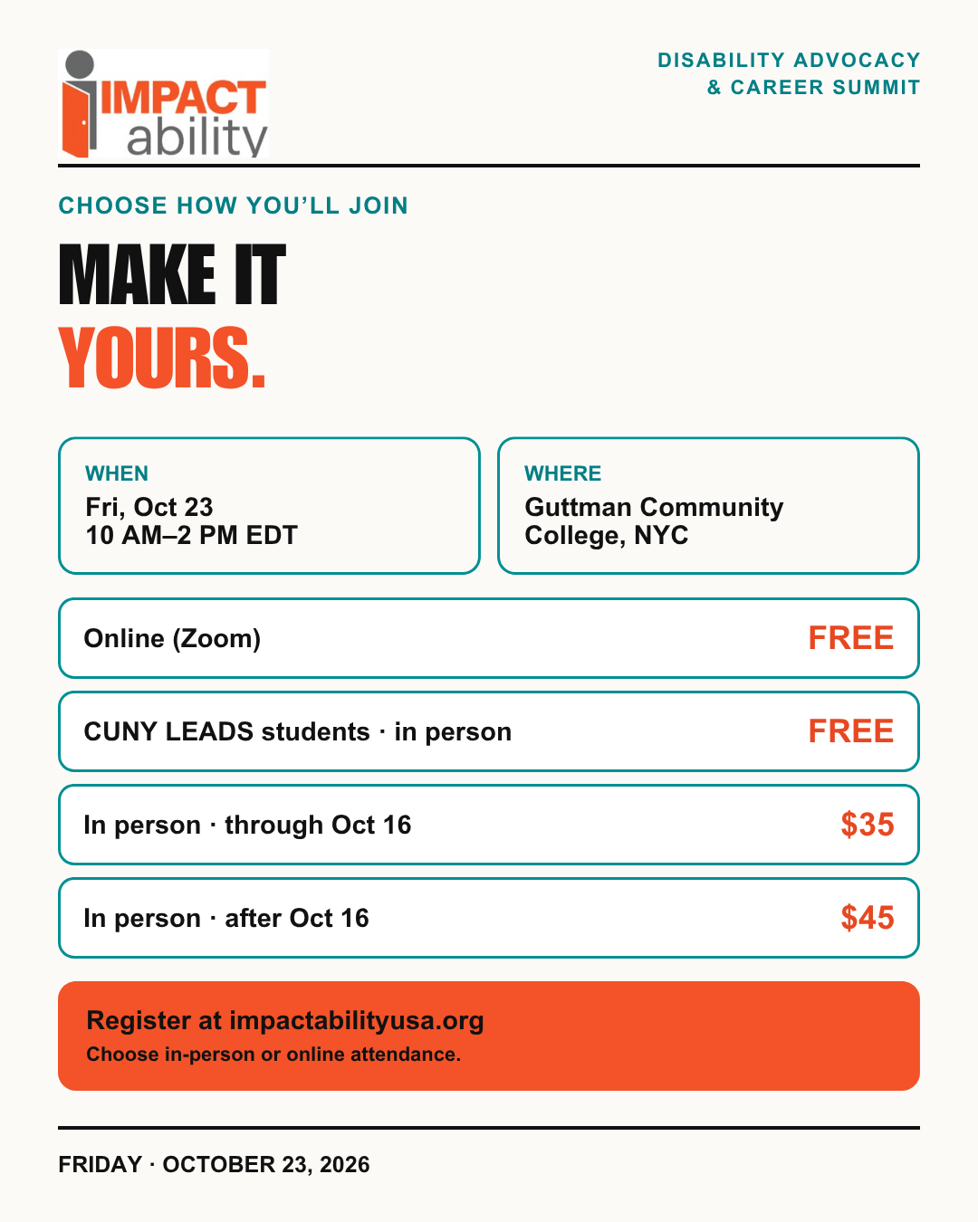 Disability Advocacy and Career Summit social graphic with attendance options, event details, and registration information