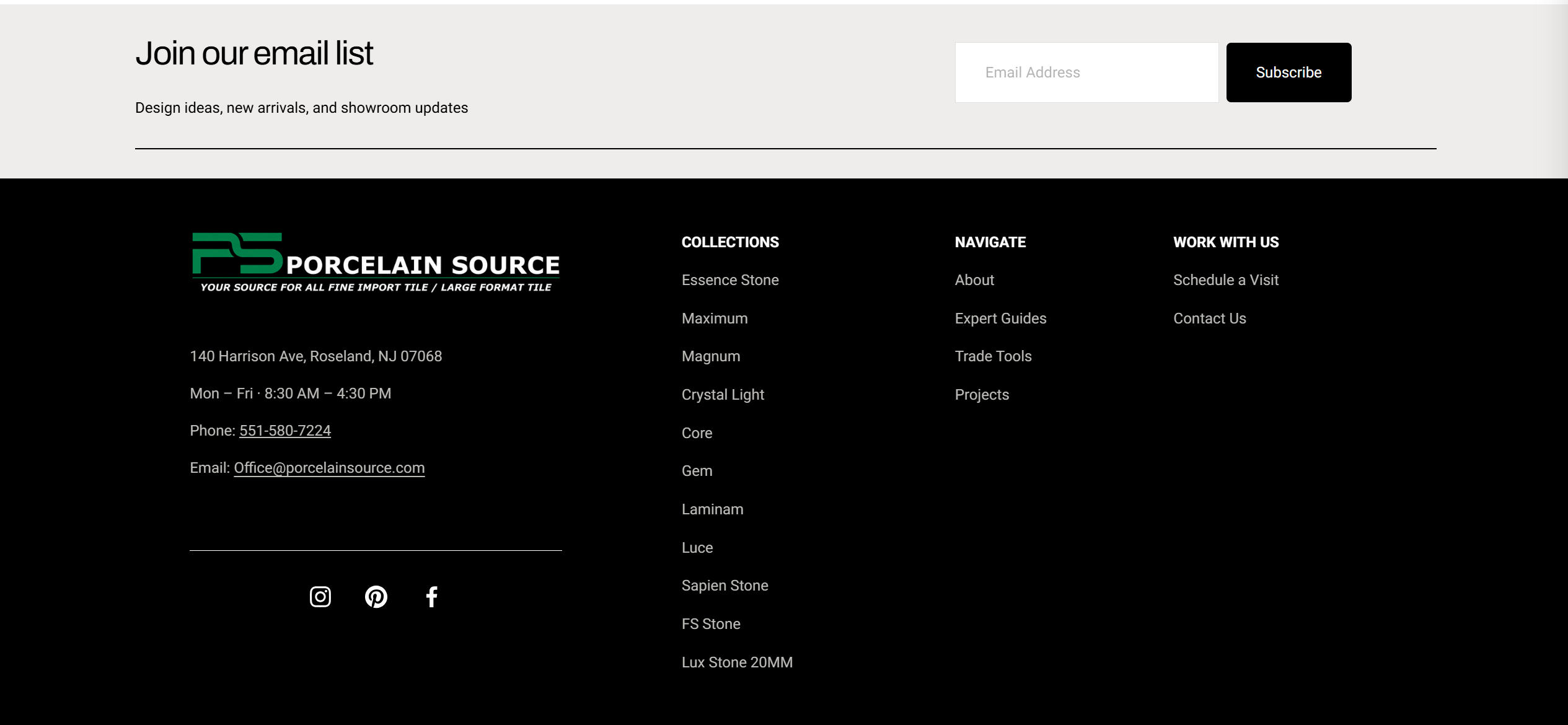 Updated Porcelain Source footer with newsletter signup and expanded navigation