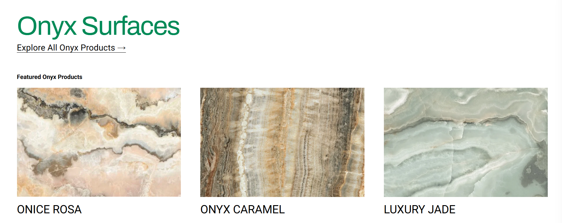 Dedicated Onyx Surfaces category page with introductory copy and featured products