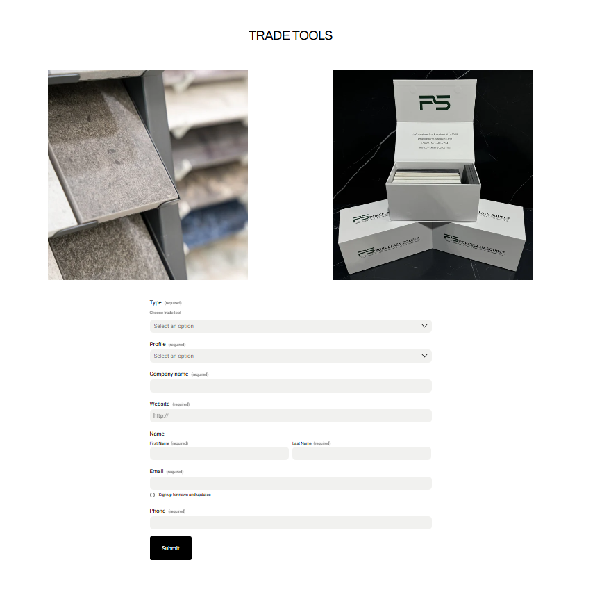 Previous Trade Tools page with two images and one long form