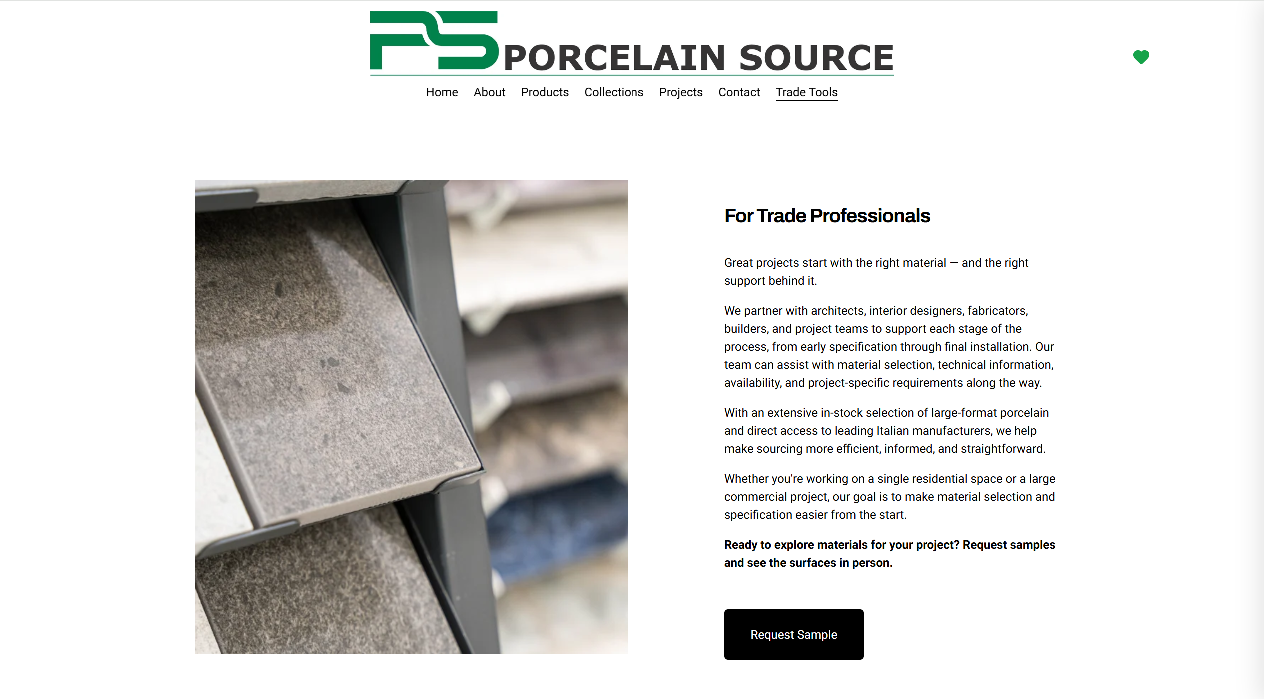Redesigned Trade Tools introduction with context for trade professionals and a Request Sample call to action