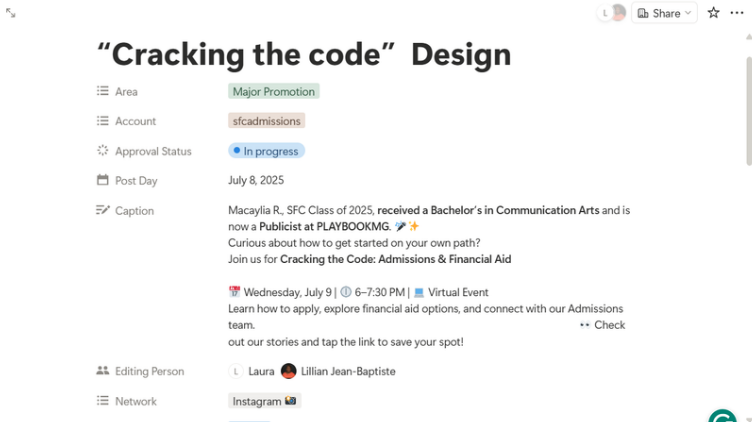 Notion content item with channel, account, status, date, caption, and review details